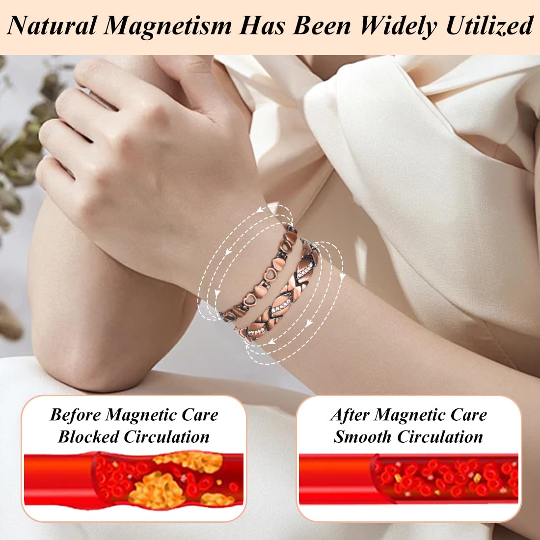 Vicmag Copper Magnetic Bracelet for Women Magnets Brazaletes 99.9% Solid Pure Copper Jewelry Gift for Her (Adjustable Size with Gift Box) (2PCS Love Heart)