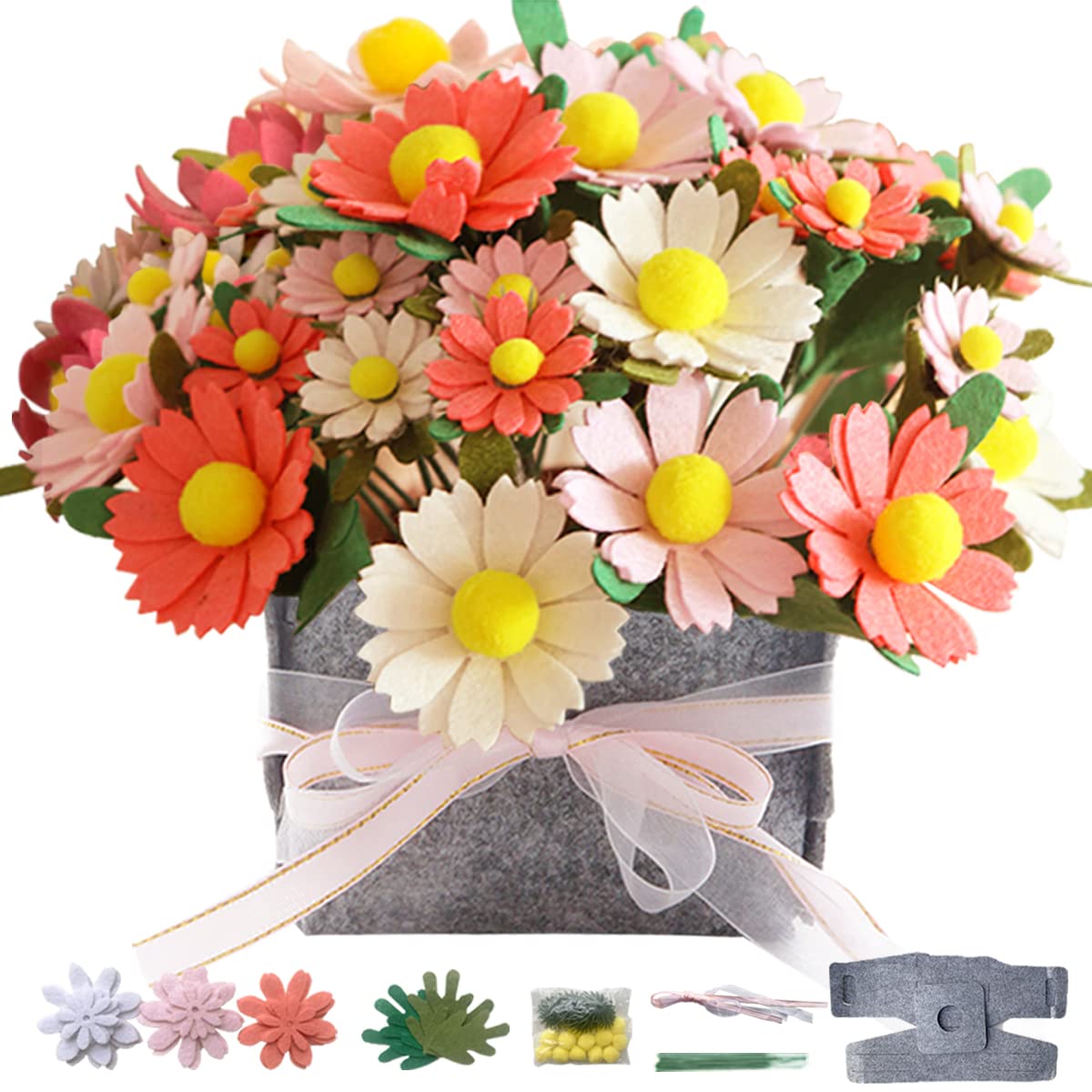 DIY Felt Flower Art Craft Kit, Daisy Bouquet Kit, Floral Gifts, Beginner Craft Kit, Arrange Pre-Cut Flowers and Foliage