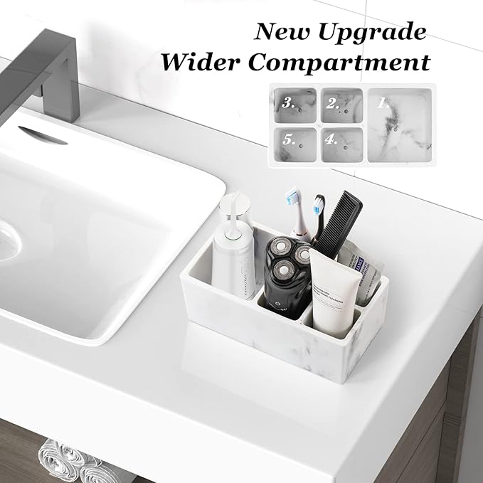 Luxspire Resin Toothbrush Holder, 5 Slots Hygienic Handmade Toothbrush Storage Stand Dispenser Bathroom Organizer Set for Toothpaste, Razor - Ink White