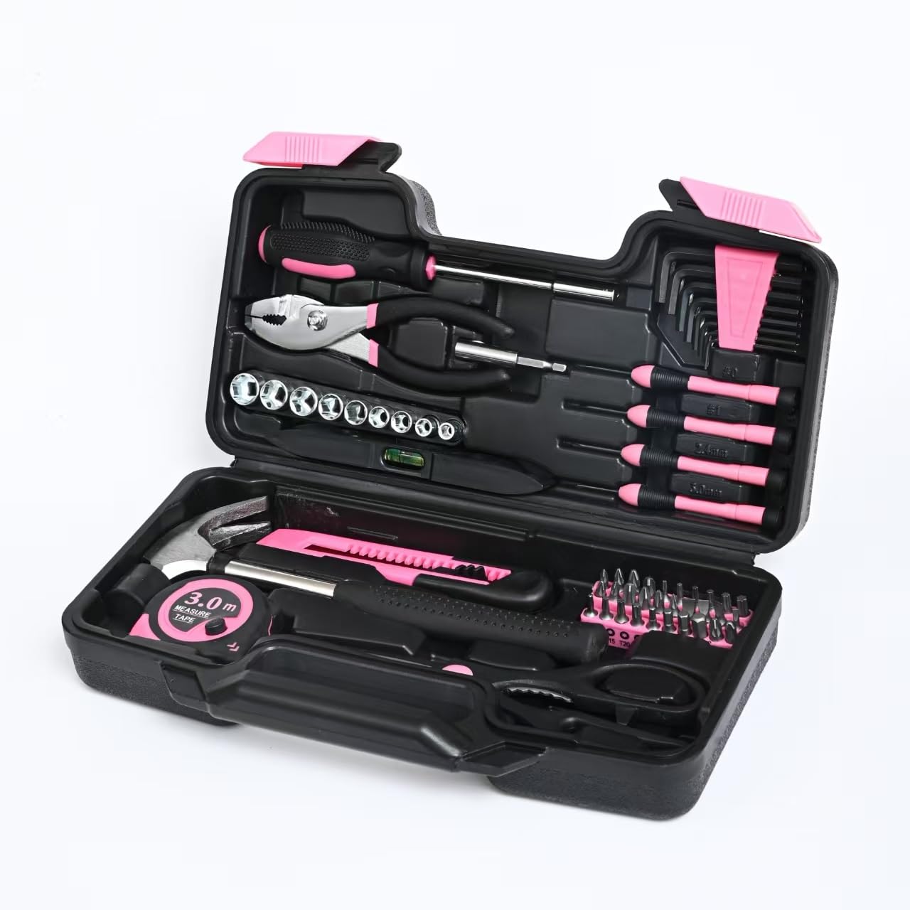GETFOO 144-Piece Pink Tool Kit Basic Home Repair Tool Set General Household Hand Tool Kit Small Tool Kit with Plastic Toolbox basic home tool kit for Women, Office & College Repairs