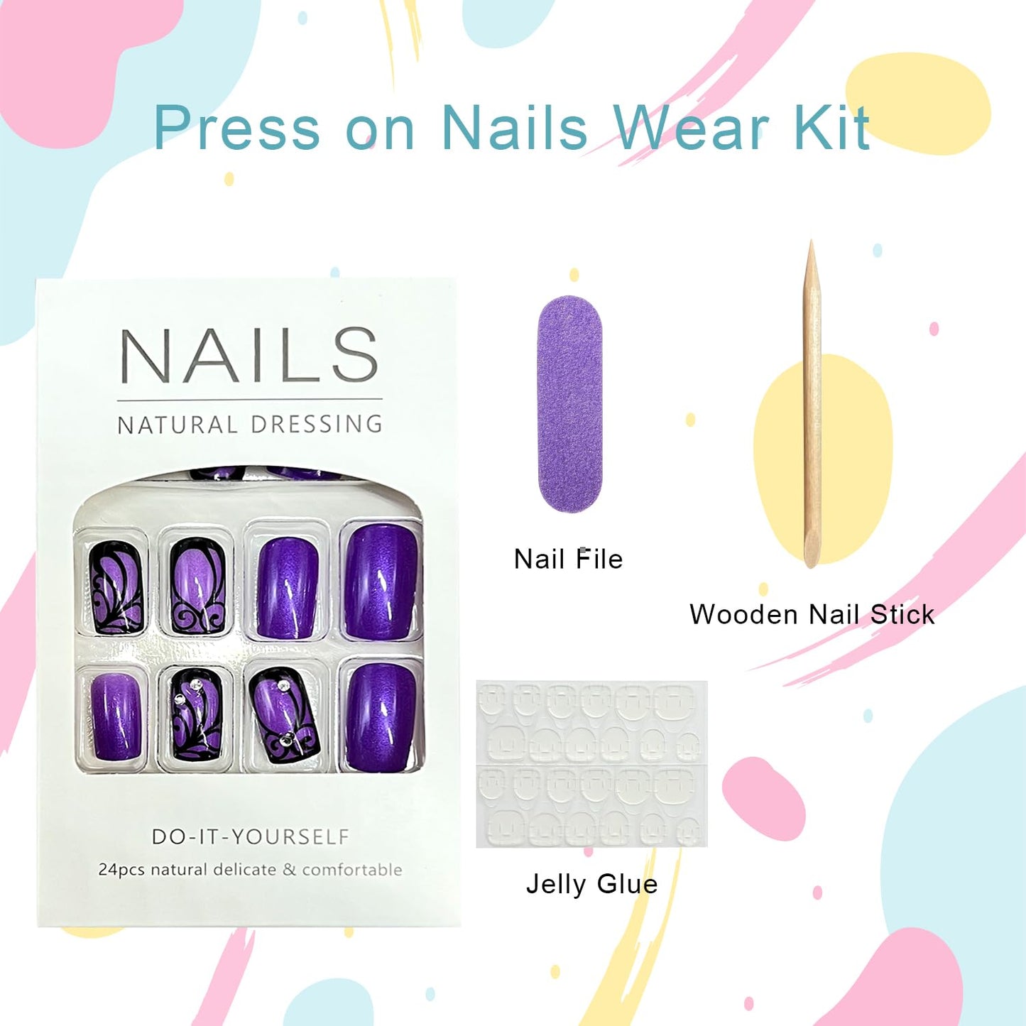 Purple Press on Nails Medium Square Fake Nails with Black Flowers Line Design Rhinestones False Nail Glossy Full Cover Acrylic Artificial Stick on Nail for Women 24Pcs