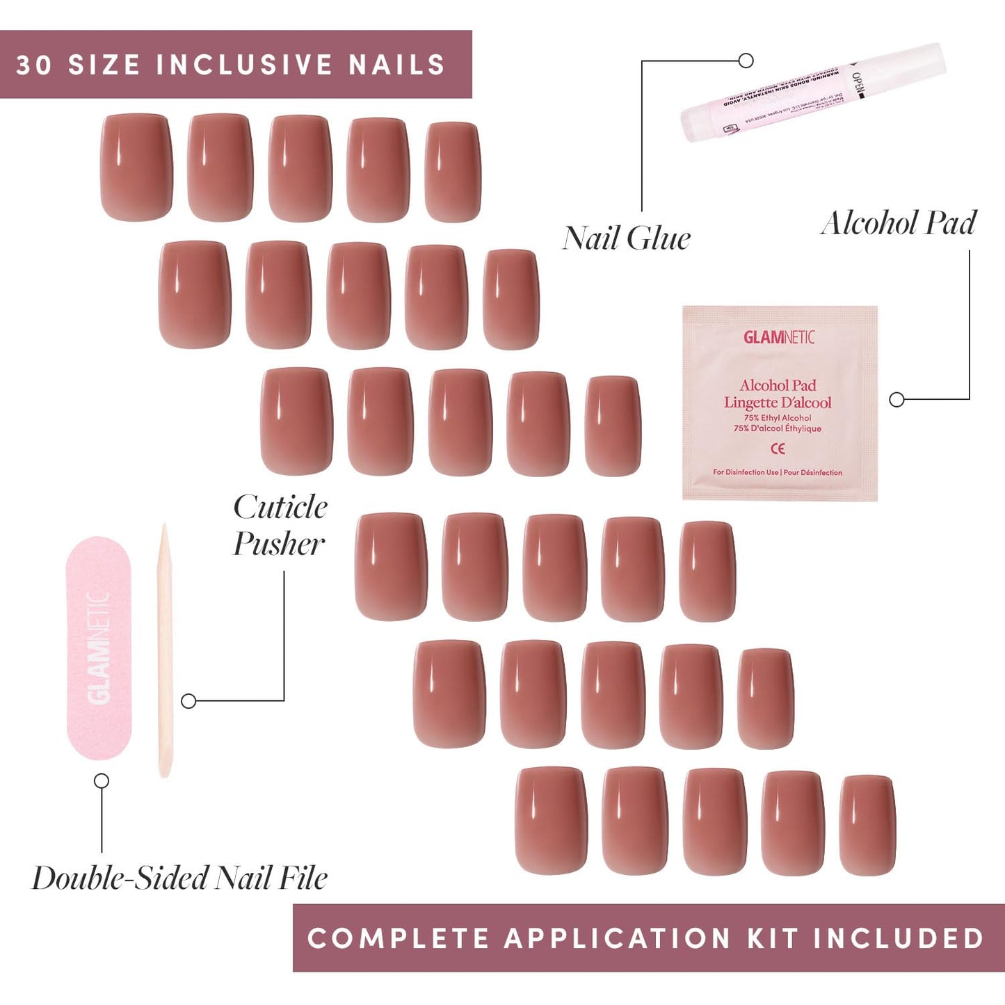 Glamnetic Press-On Nails Bundle - Dusty Pink, Los Angeles & Think Pink | Medium Square Fake Nails, Sheer Mauve Neutral | Blush Nude Pink Short Almond False Nails with a Glazed Finish | Light Pastel Pi