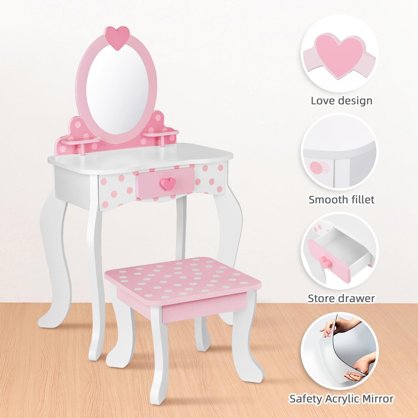 OOOK Kids Vanity Set,Table & Chair Vanity Set with Mirror（Includes 15 pcs Multiple Make up Accessories, Makeup Dressing Table with Storage Drawer, Pink