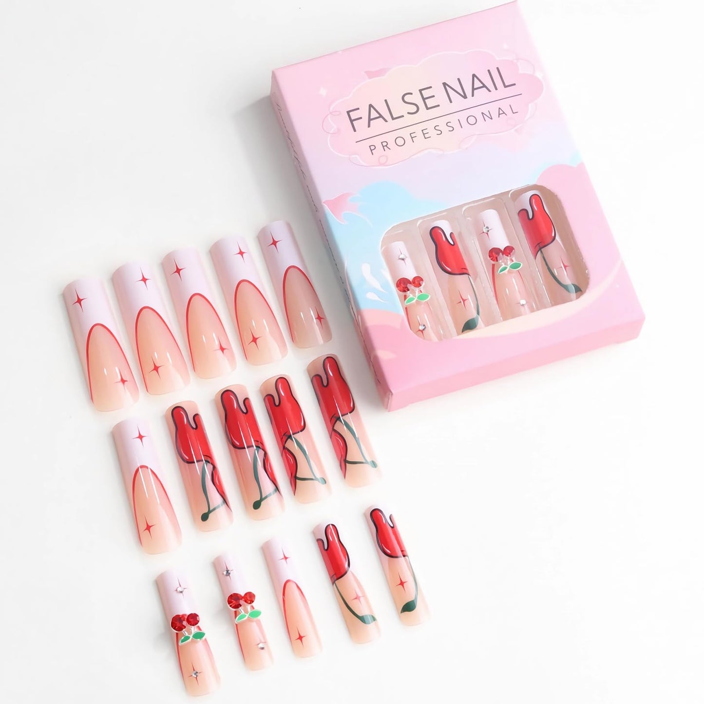 MISUD Press on Nails - Extra Long Square Glue on Nails with White French Tip, Acrylic Cherry Rhinestone Design 24 pcs