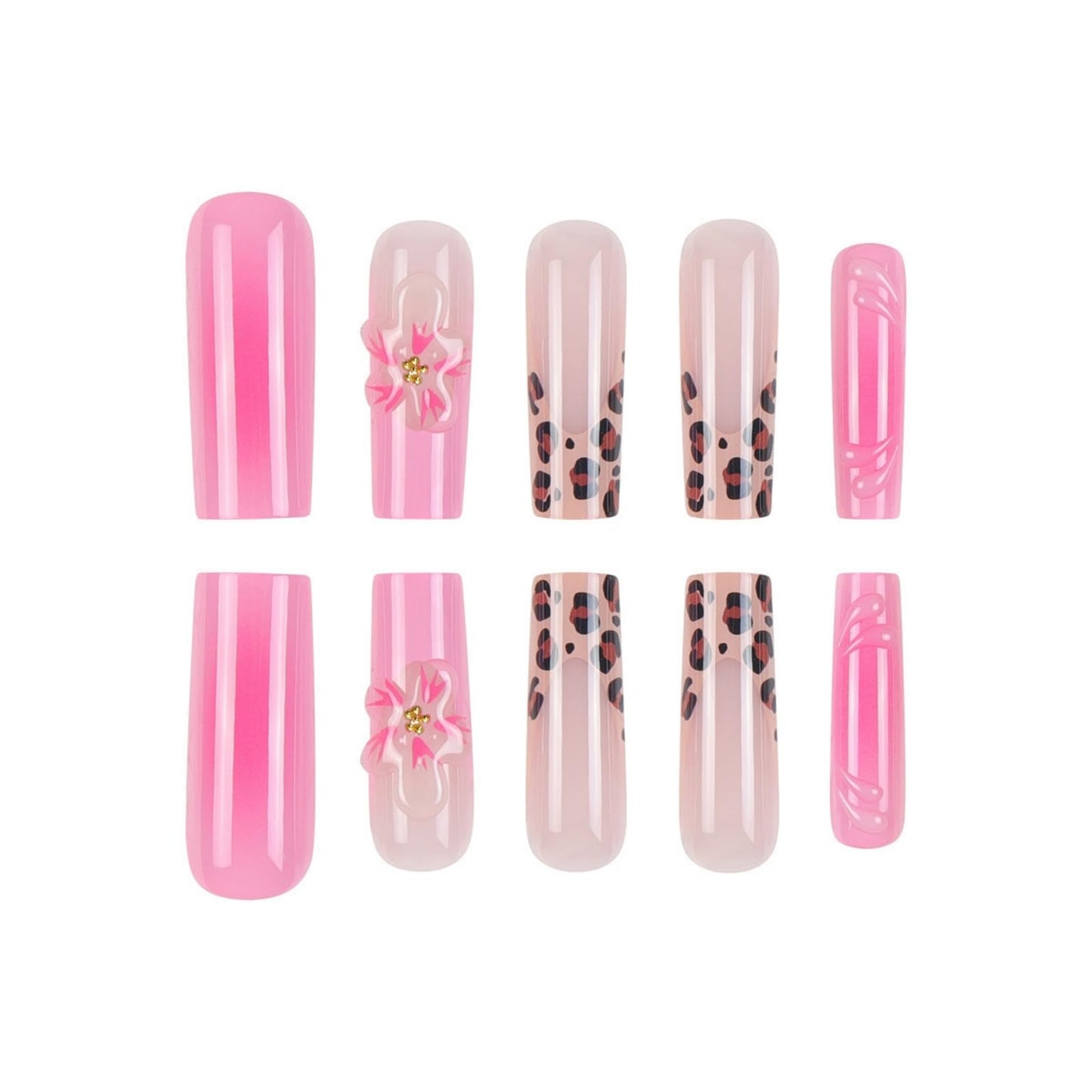 Long Press on Nails Square Fake Nails French False Nails Pink Artificial Nails with Flowers and Leopard Designs Cute Stick on Nails for Women 24pcs