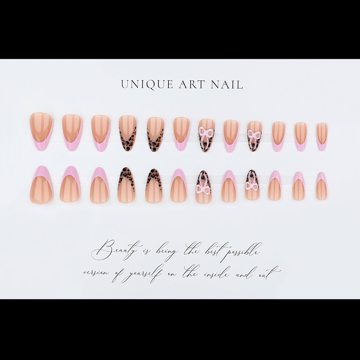 Pink Leopard Print Press on Nails Almond Shaped Fake Nails with 3D Bow Designs Leopard Print Tip Full Cover Stick on Nails Glossy Medium Glue on Nail Reusable Acrylic False Nails for Women 24Pcs