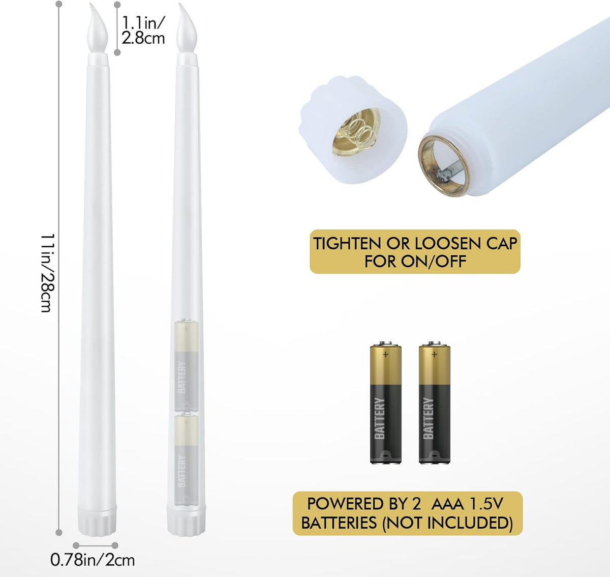 24pcs Flameless Flickering LED Taper Candles Bulk Battery Operated Candles for Christmas Halloween Birthday Wedding Party, (Ivory, 11 inch, 24pcs)