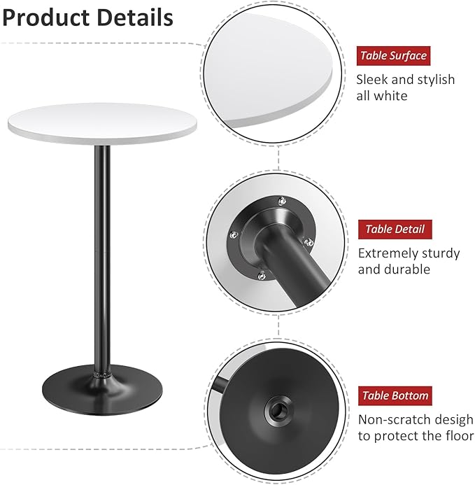 Furmax Bistro Pub Table Round Bar Height Cocktail Table for Home Bar, Small Round Bar Tables for Party, Dining Room, Living Room and Wedding, Metal Base MDF Top Obsidian, 40.6 Inch Height (2, White-1)