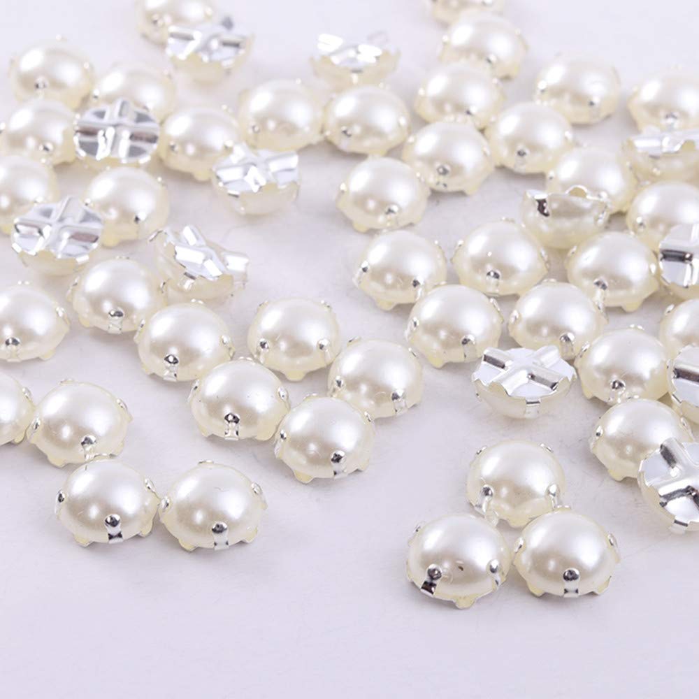 Sewing Pearl Beads Rhinestones Sew On Pearl Rhinestones with Silver Claw Flatback Half Round Pearl for Craft Garment (Silver Claw, 6mm)¡­
