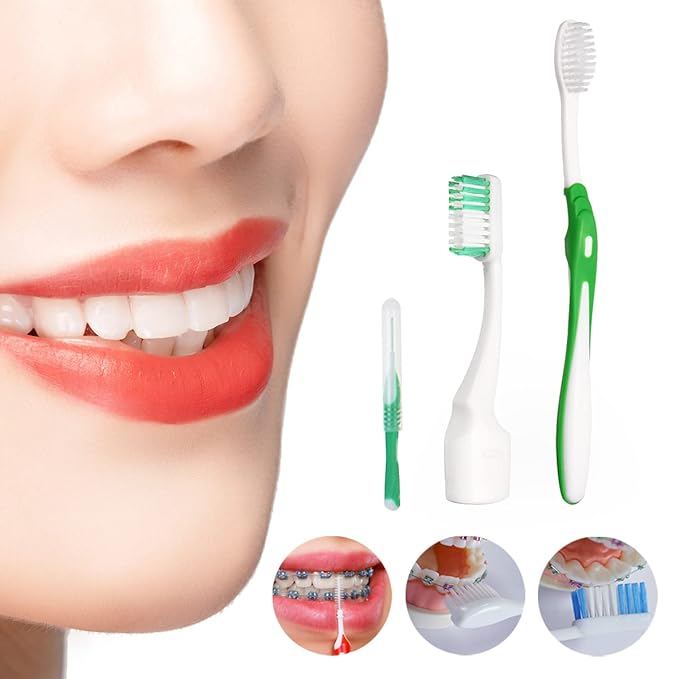 Braces Cleaning Kit for Teeth, Portable Orthodontic Toothbrush Kit Oral Care Dental Travel Kit - Interdental Brush Dental Wax Dental Floss Toothbrush Box (Green)