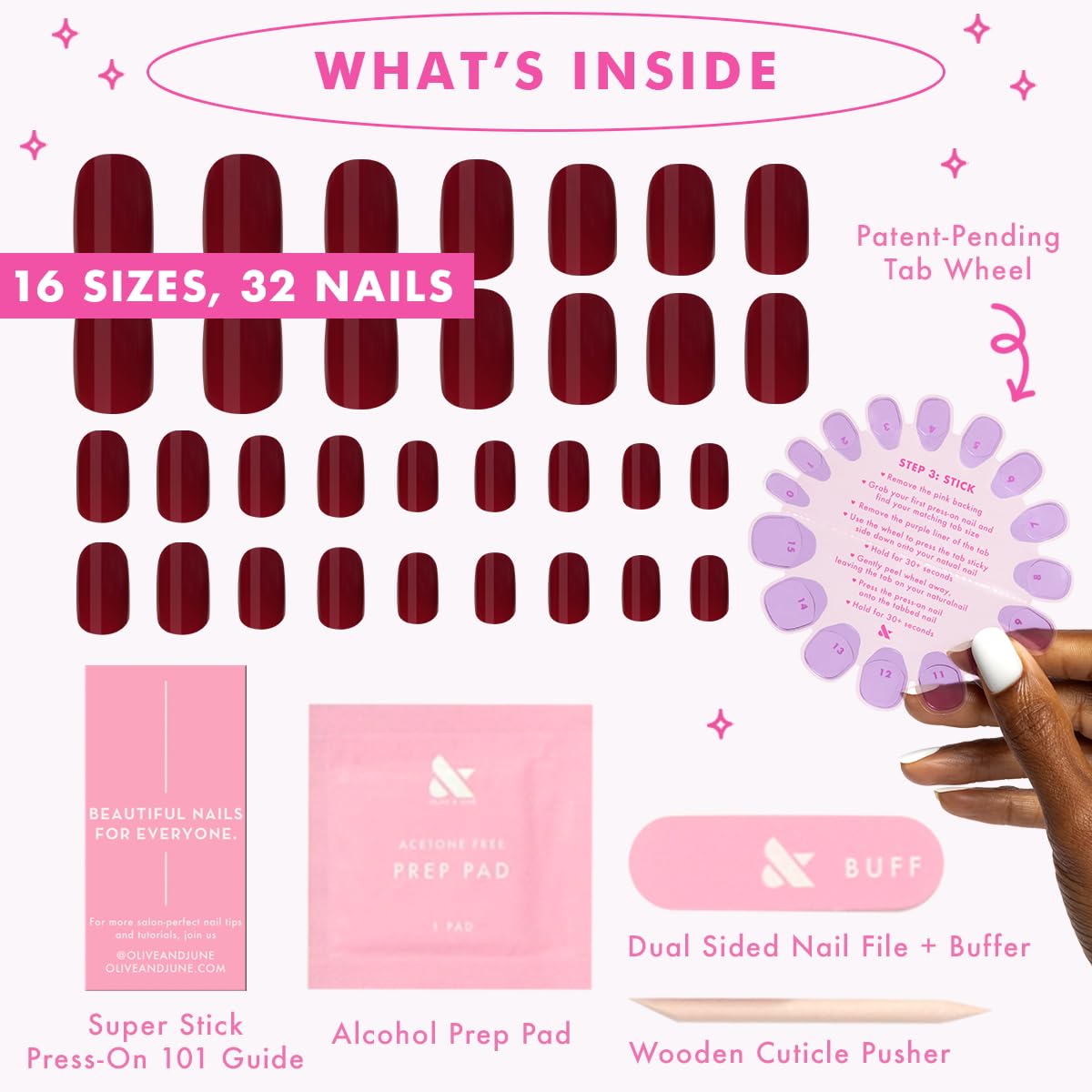 Olive & June Classic Super Stick Mani Press On Nails | No Glue Needed | 32 Tab Nails 16 Sizes | Non-Toxic Tabs Easy On-Off Non-Damaging Realist Look 7-Day Wear | Extra Short, Squoval | Mulberry Maroon