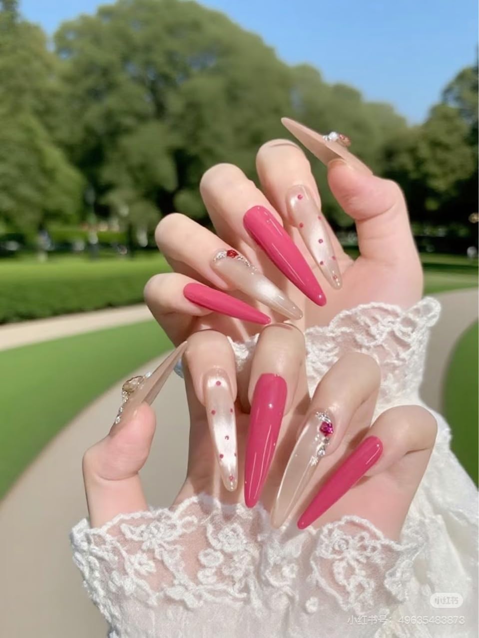 Glam Silver Coral Press On Nails, Heart Rhinestone Embellished Extra Long Stiletto Fake Nails, Reusable Manicure Set (L)