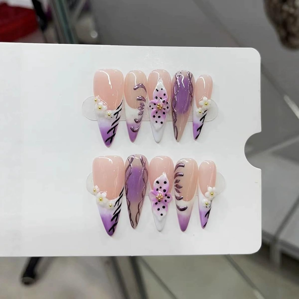 10pcs Handmade Press on Nails Long Stiletto False Nails Purple French Tip Fake Nails with 3D Flower Designs Sparkly Charm luxury Artificial Nails for Women (Size M）