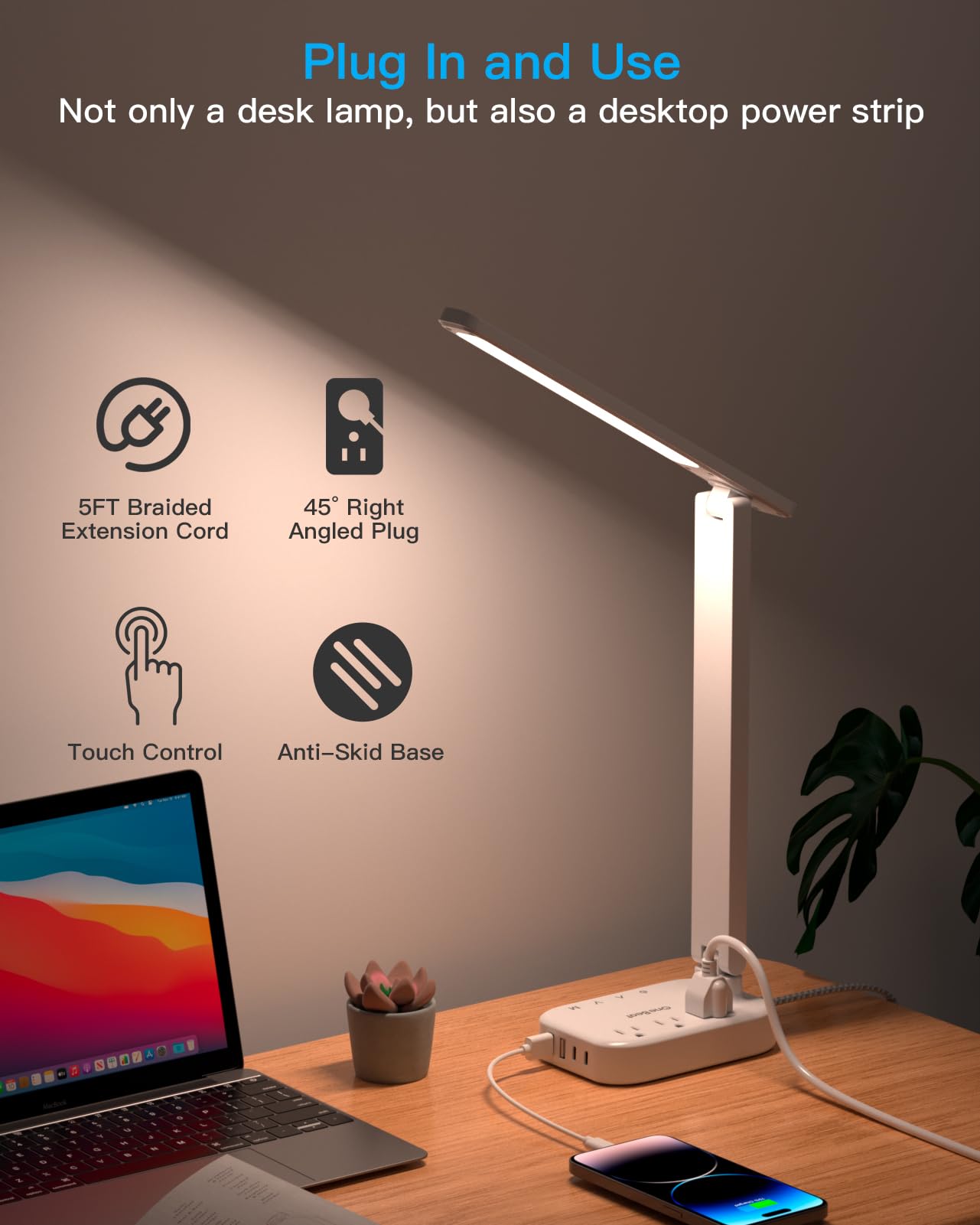 One Beat Small LED Desk Lamp Power Strip 5ft Extension Cord with 3 Outlets 4 USB Ports(2 USB C), 4 Modes, 5 Level Touch Lamp Study Reading Light, Home Office Bedroom College Dorm Room Essentials,White