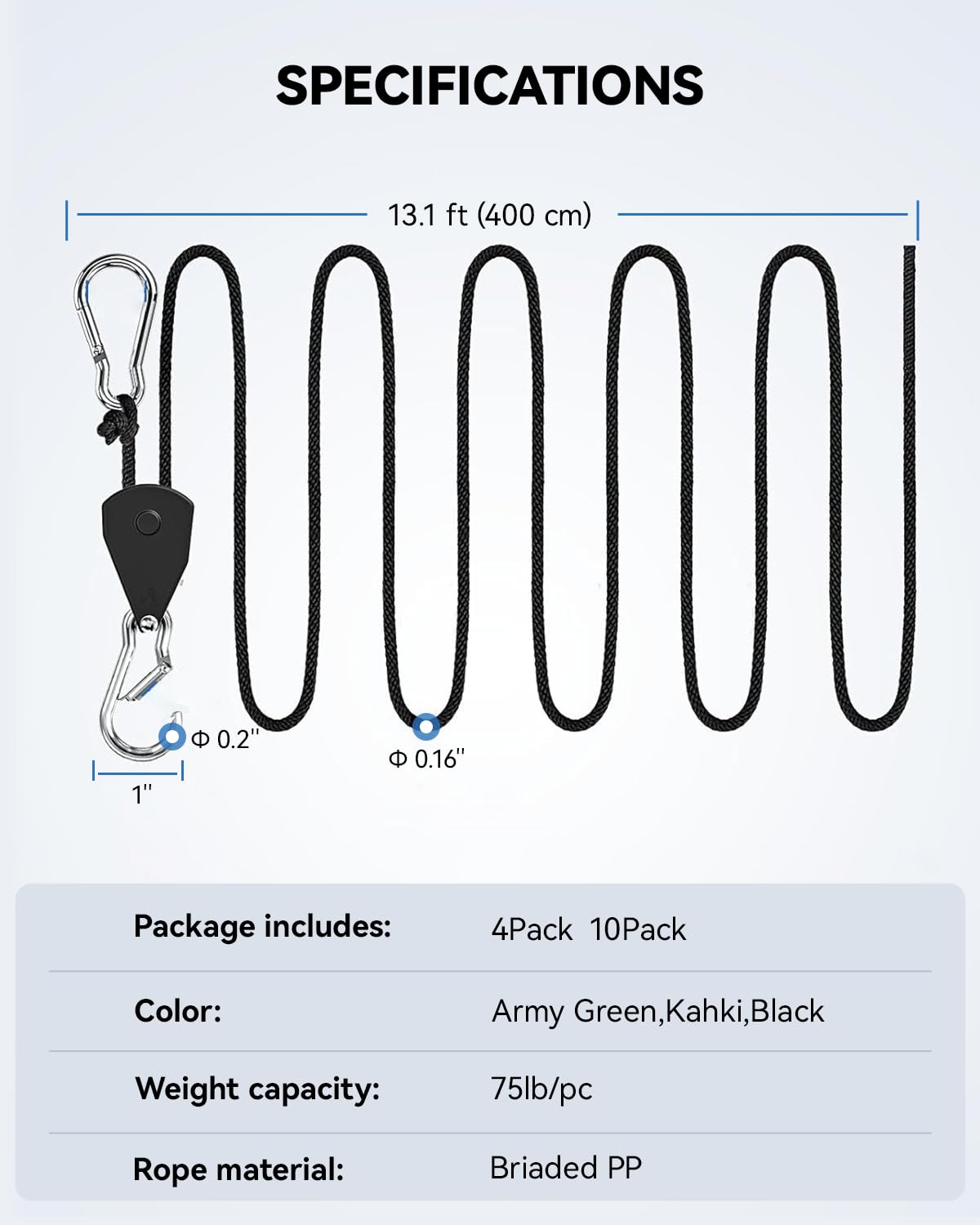 Keovoker 4Pack Retractable Ratchet Tie Down Straps, 13 Ft 1/8” Adjustable Rope Roller, Heavy Duty Ratcheting Pulley System with 2 Carabiner Hook, for Xmars Decor, Hanging Plants, Grow Lights