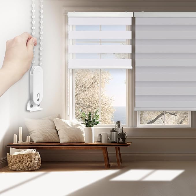 FOIRESOFT Standard Blackout Zebra Roller Blinds [Bonita, Silver White, W 48 x H 64inch] Dual Layer Privacy Shade, Room Darkening, Select 1x1 for Custom