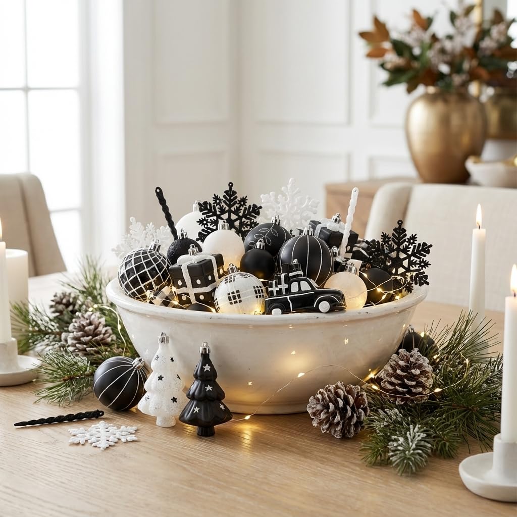 Valery Madelyn Christmas Tree Ornaments Set, 70ct Black and White Shatterproof Christmas Tree Decorations Bulk, Variety Modern Decorative Hanging Ball Ornaments for Xmas Trees Holiday Decor