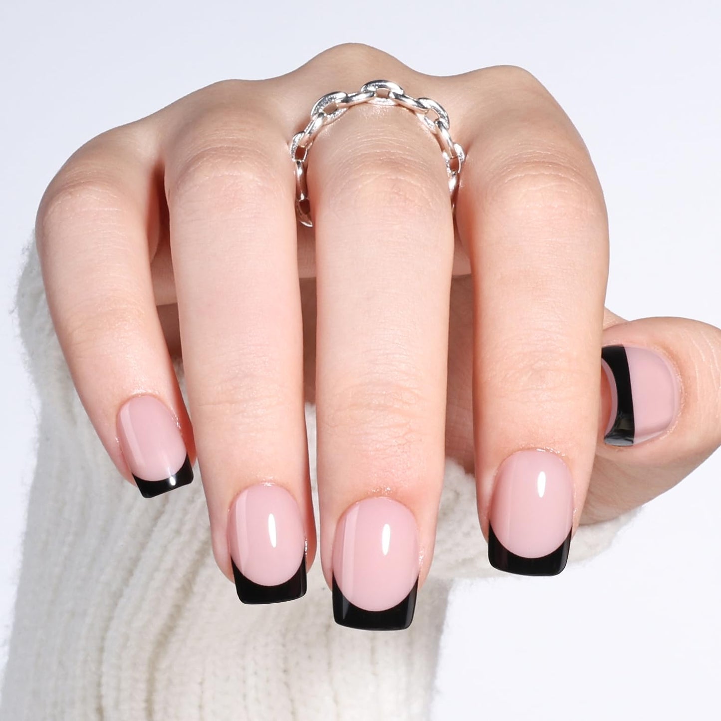 Leefrei Black French Tip Press On Nails - Short Square Press On Nails, Reusable Glue On Nails with Natural Fit, 30 Pieces 15 Sizes False Nail Kit for Women, Black French Tip - Square