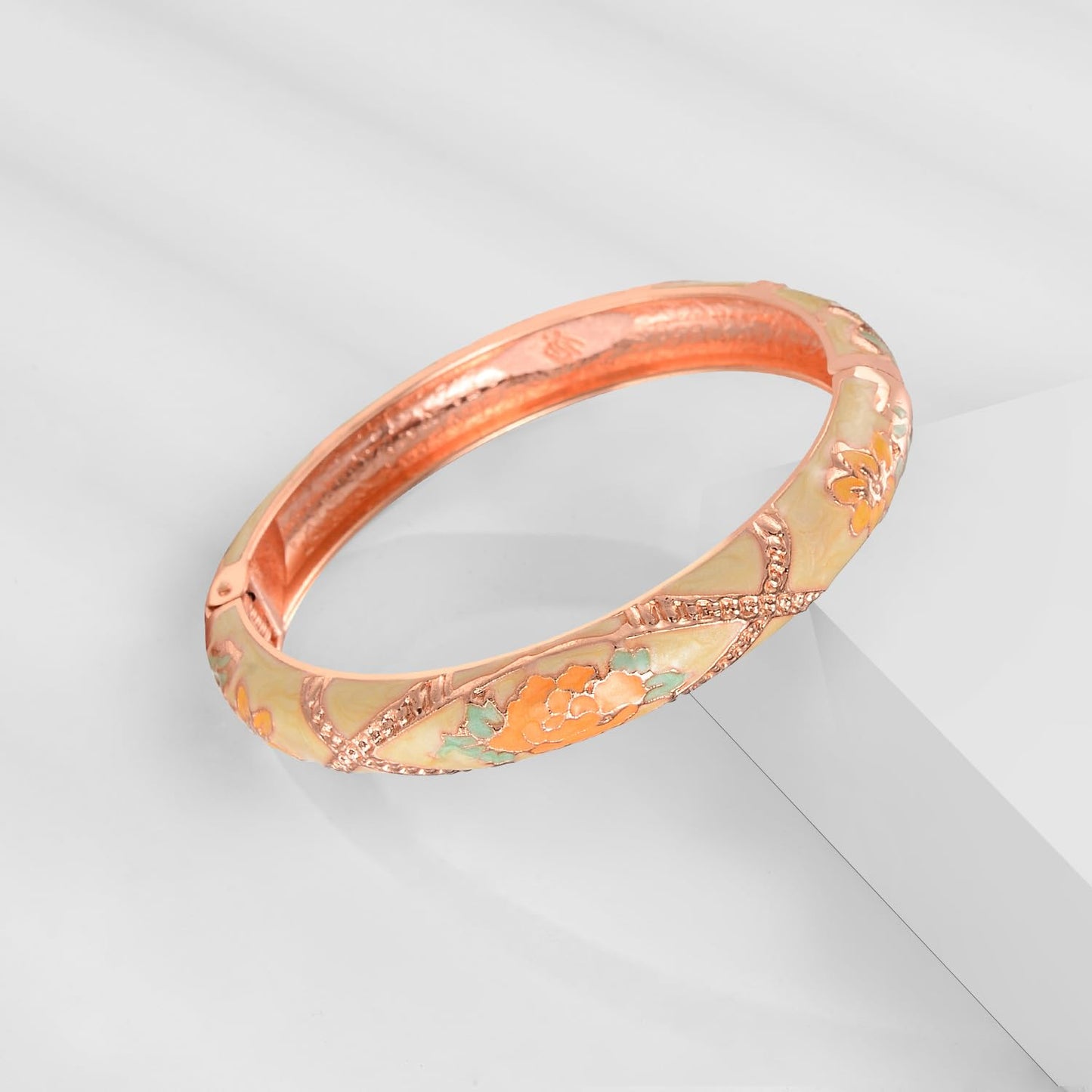 UJOY Bangles 5 Pcs Enamel Jewelry Set Rose Flower Engraved Cloisonne Bracelets Pack in a Box 5PCS Cream Yellow
