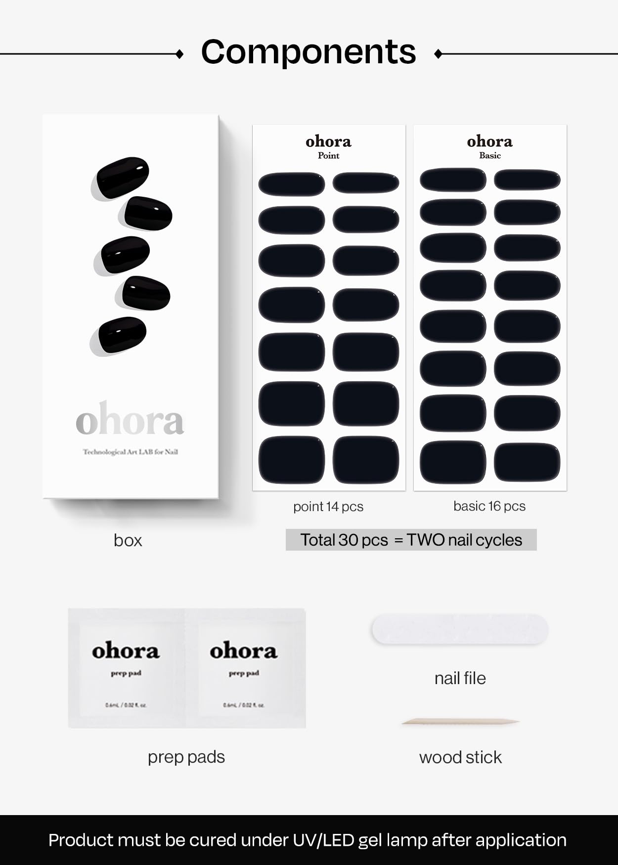 ohora Semi Cured Gel Nail Strips (N Onyx) - Dark, Solid, Works with Any UV/LED Lamps, Salon-Quality, Long Lasting, Easy to Apply & Remove - Includes 2 Prep Pads, Nail File & Wooden Stick