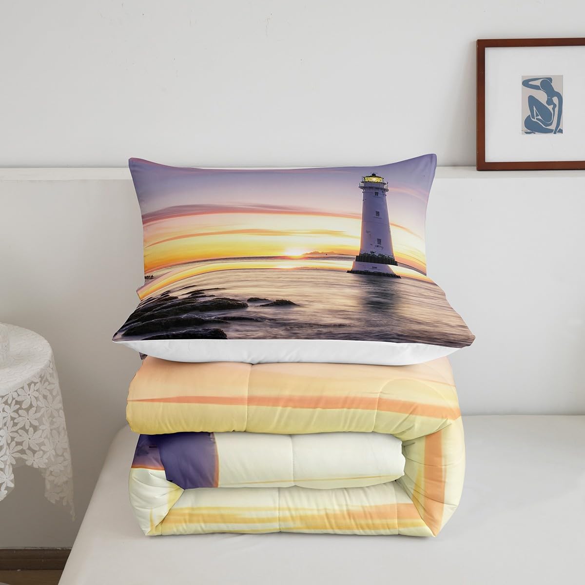 Castle Fairy White Lighthouse Comforter Set Queen Size Natural Sea Sunset Bedding Set Bedroom Decor Coastal Scenery Quilt Set Comfortable and Breathable 3D Lighthouse Duvet Insert with 2 Pillowcases