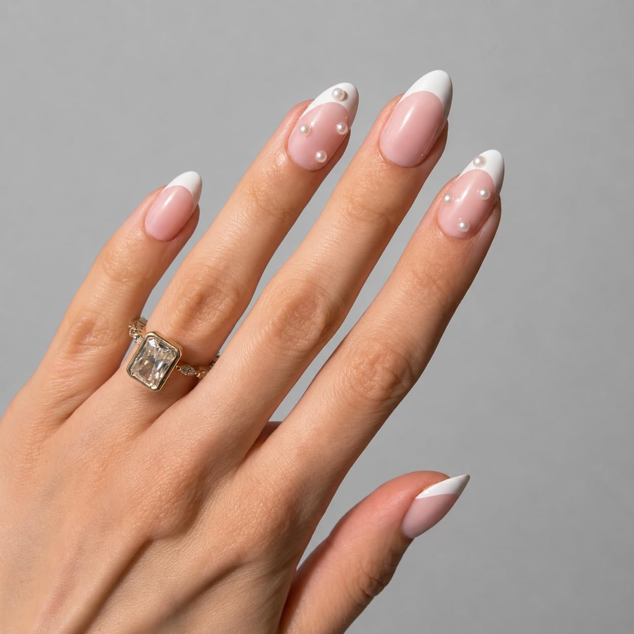 PaintLab Press On Nails - Mother of Pearl 3D Pearl White French Tip Almond Fake Nails, 30 Nails in 15 Sizes with Glue, Reusable Salon Quality Press On Nails