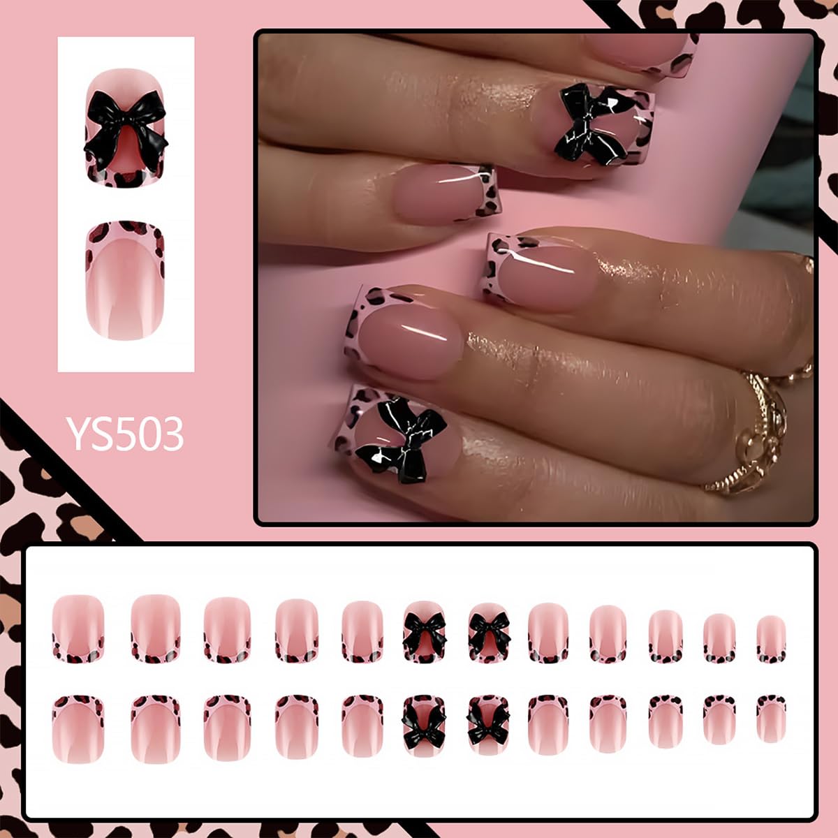 24Pcs Bow Press on Nails Short Square French Tip Fake Nails with Black Leopard Print Design Glossy False Nails Nude Full Cover Artificial Glue on Nails Cute Stick on Nails Valentines Nail for Women