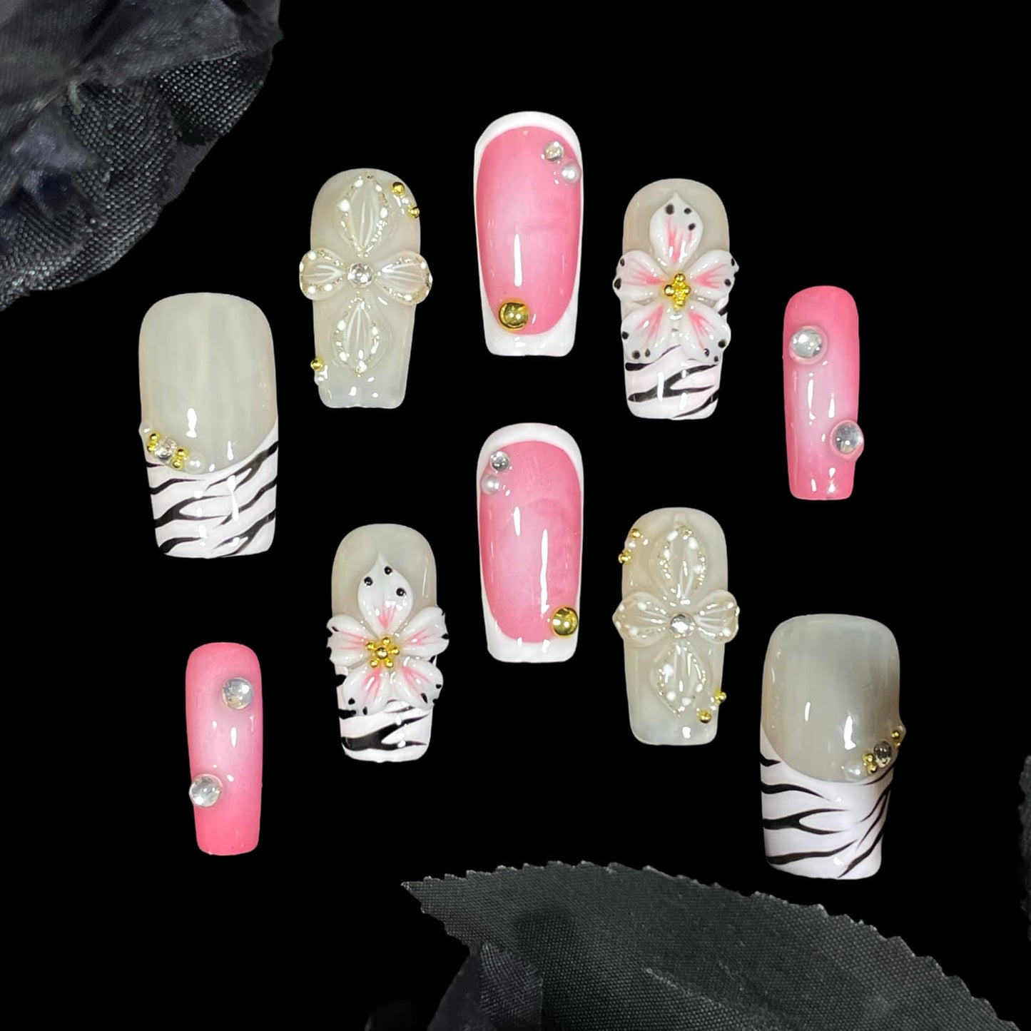 Handmade Press On Nails Short-Medium Square Bold Pink Zebra Stripes & 3D Floral | Glitter Flowers With Gold Accent | Reusable Acrylic Fake Nails for Parties & Daily (Pink Zebra, L)