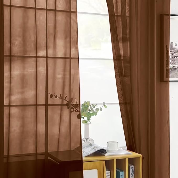 SpaceDresser Sheer Voile Window Treatment Rod Pocket Curtain Panels for Kitchen Bedroom Living Room Drapes Sunlight Filtering Privacy Semi Home Decor Assorted (Brown, 52 W x 45 L)