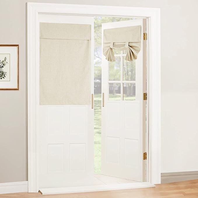 RYB HOME 100% Blackout Curtains for Small Window, Linen Textured Blend Insulating Privacy French Door Curtains Tie Up Shades for Kitchen Storage Cabinet Basement, W 34 x L 40, Beige, 1 Panel