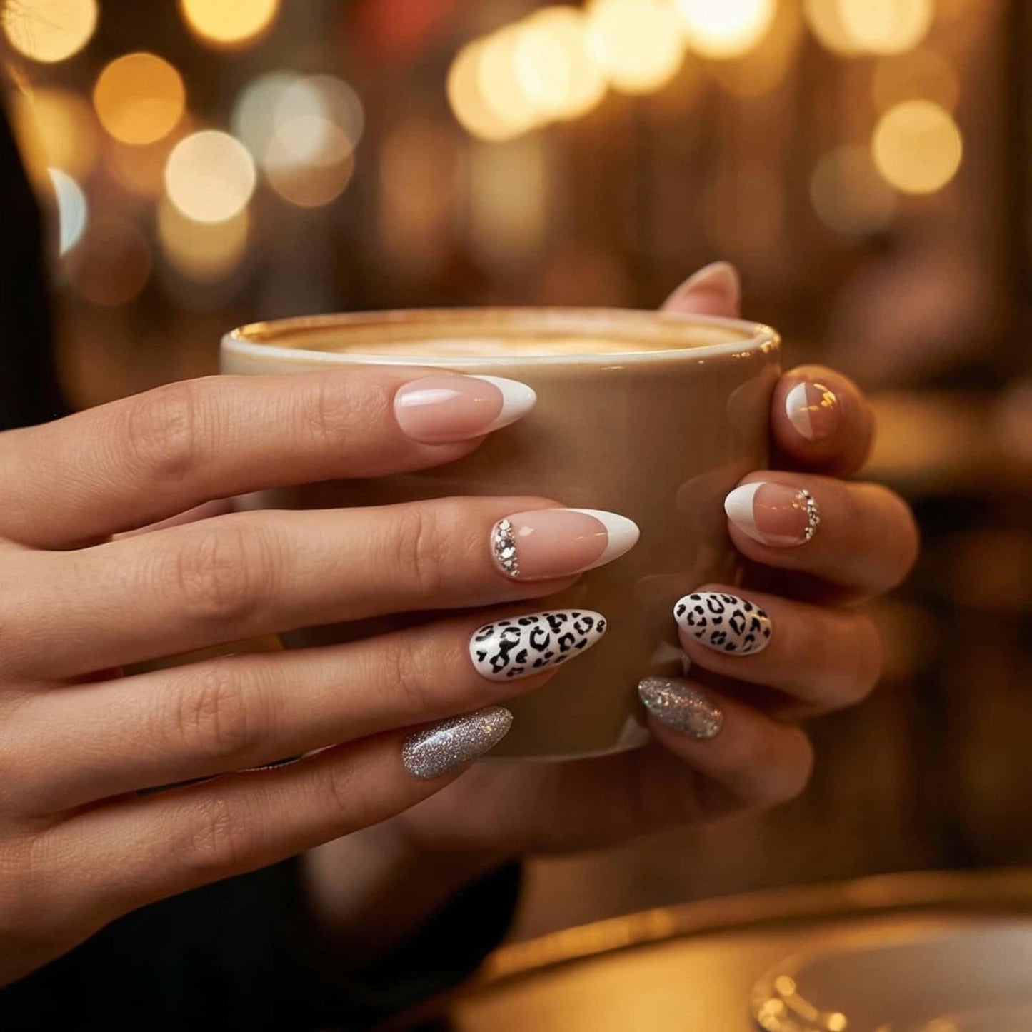 CLYHLTMZ French Tip Press On Nails, Medium Almond Fake Nails - Nude Acrylic False Nails with Leopard Print, Silver Glitter & Rhinestone Accents, Reusable Glue On Nails Kit for Women, 24PCS