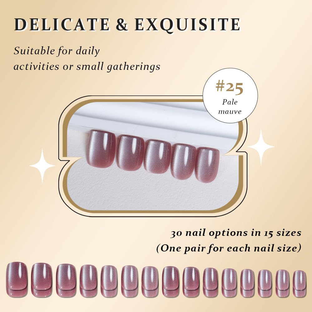 evpct Pale Mauve Cat Eye Short Press on Nails Square No Glue, Stick on Nails Short Square for Women, Metallic Glitter Glossy nails press ons, Reusable Stick Press on Acrylic Fake Nail with Designs