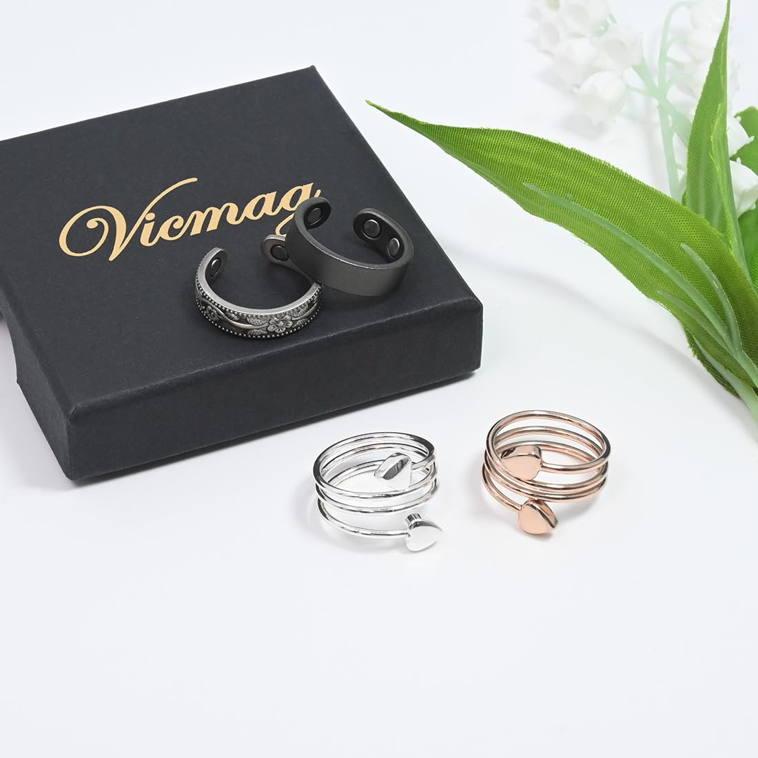 Vicmag Copper Magnetic Ring for Women, Magnetic Rings Ladies Fingers Thumb 100% Solid Pure Copper Jewelry Gift Adjustable (4PCS Snake+Plum+Surface)