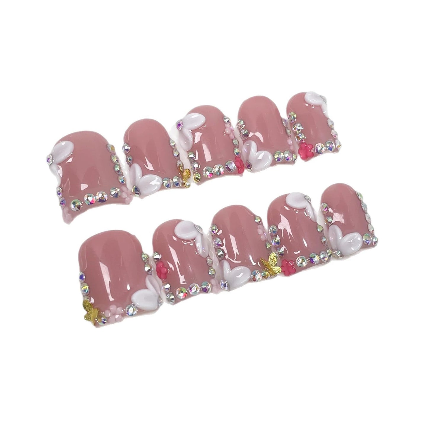 10Pcs Luxury Handmade Press on Nails Short Square 3D Floral Fake Nails French Tip Thick Acrylic False Nails with 3D Cherry Design Nude Pink Full Cover Nails Press ons for Women (Size M)