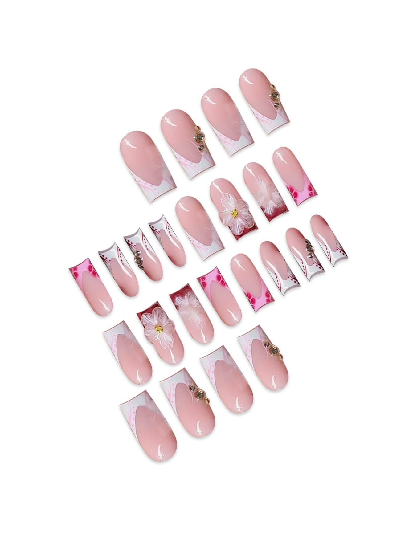 plalely Press on Nails French Tip, Handmade Acrylic Press on French Tip Nails with Flower Designs，Long Square Nail Press Ons for Women 24pcs