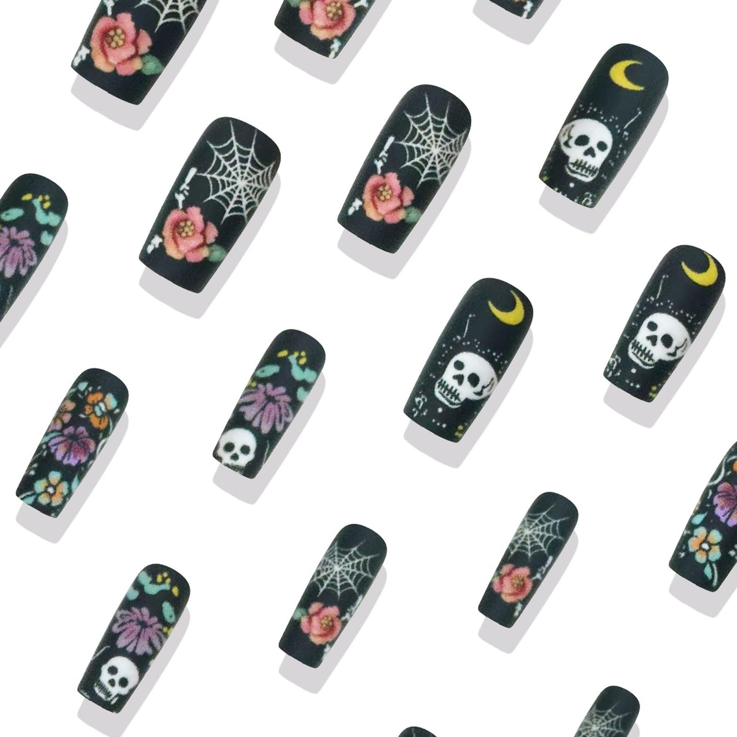 IMSOHOT Halloween Press on Nails Long Square Fake Nails Matte Black Acrylic Full Cover False Nails with Flower & Skull Designs Goth Punk Glue on Nails for Women DIY Manicure