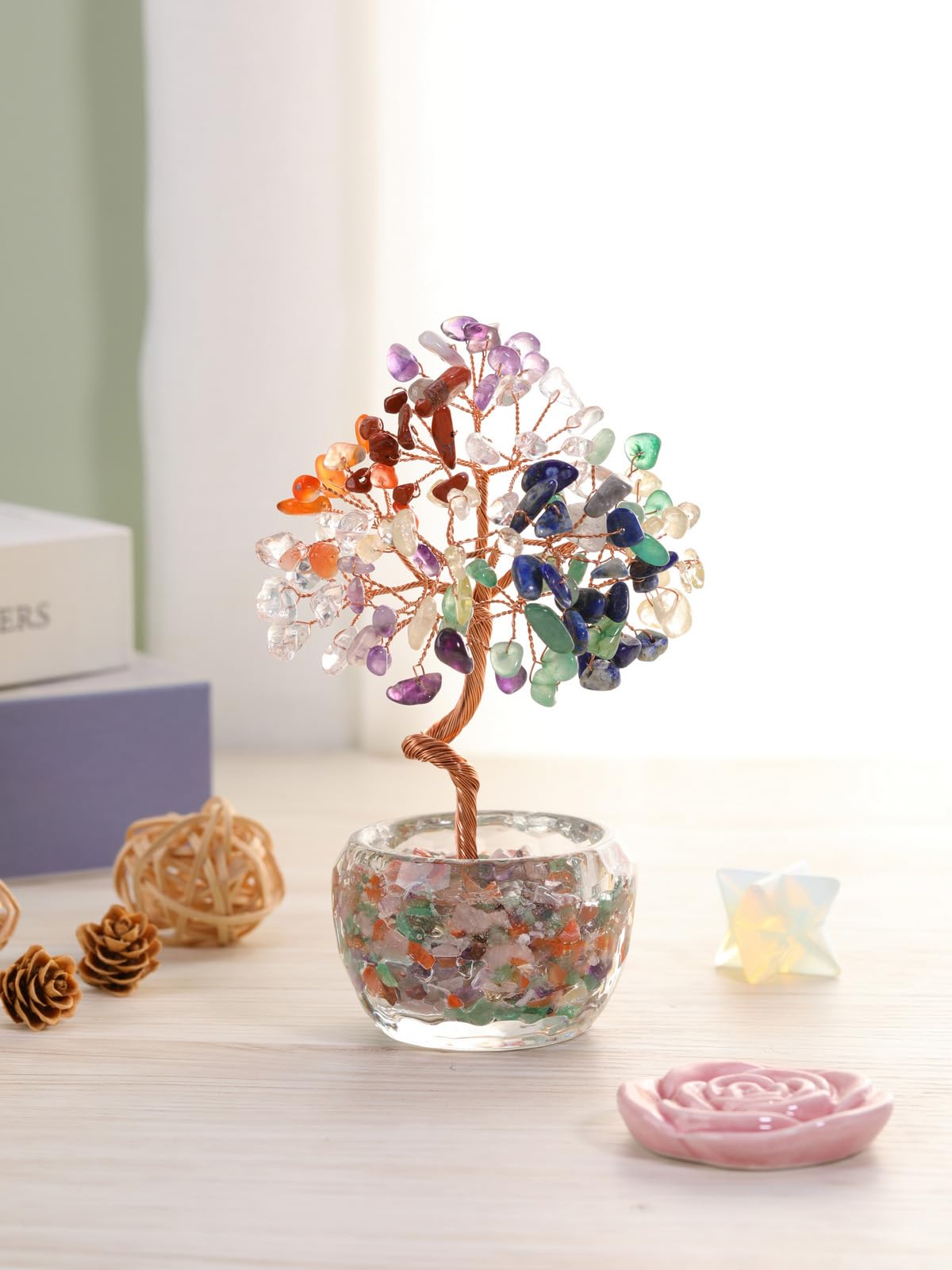 Top Plaza Healing Crystals 7 Chakra Stone Tree with Glass Base Handmade Natural Gemstone Life Tree Mini Bonsai Money Trees Good Luck Home Office Desk Decor