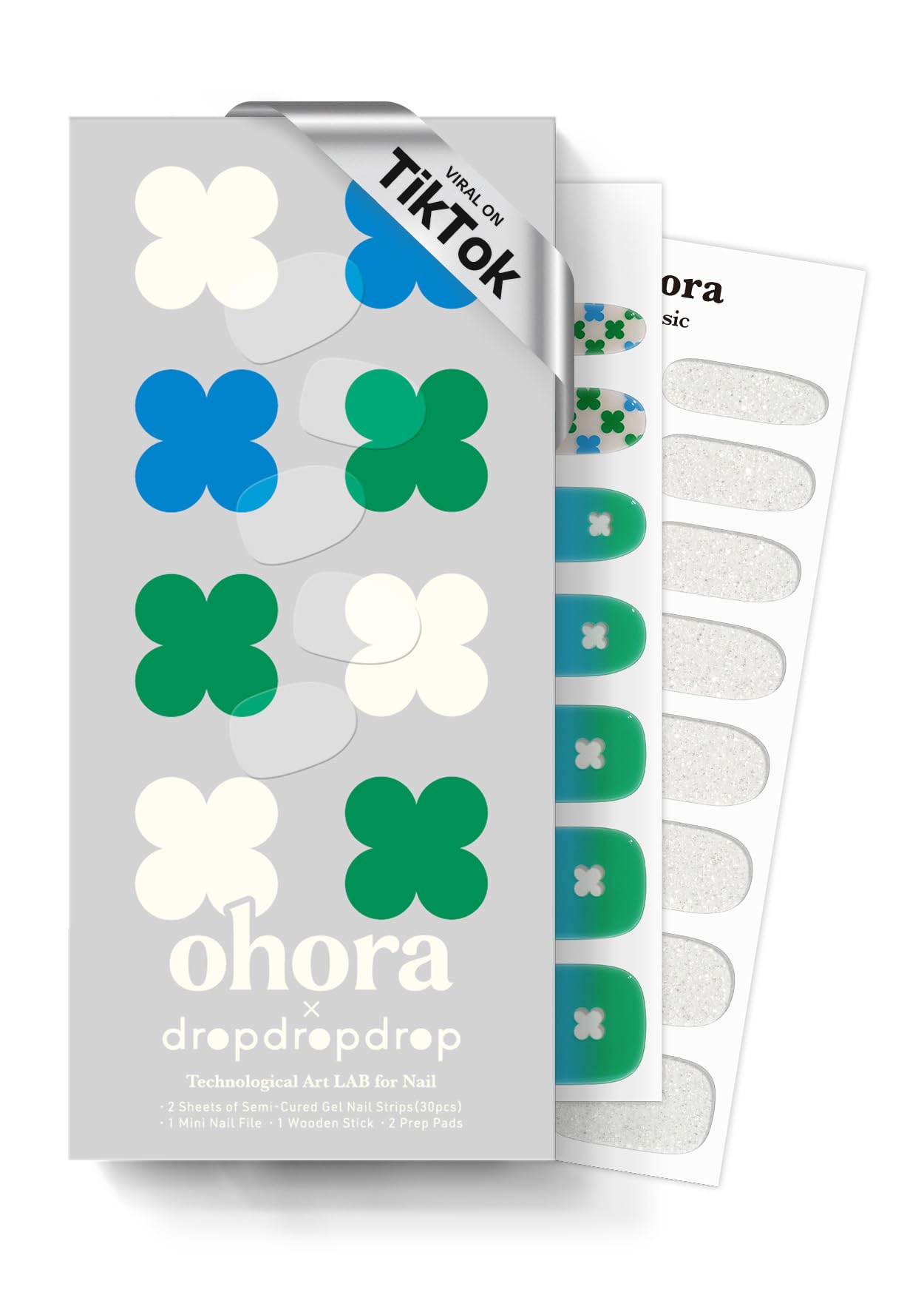 ohora Semi Cured Gel Nail Strips (N Lucky Drop Clover) - Works with Any Lamps, Salon-Quality, Long Lasting, Easy to Apply & Remove - Includes 2 Prep Pads, Nail File & Wooden Stick