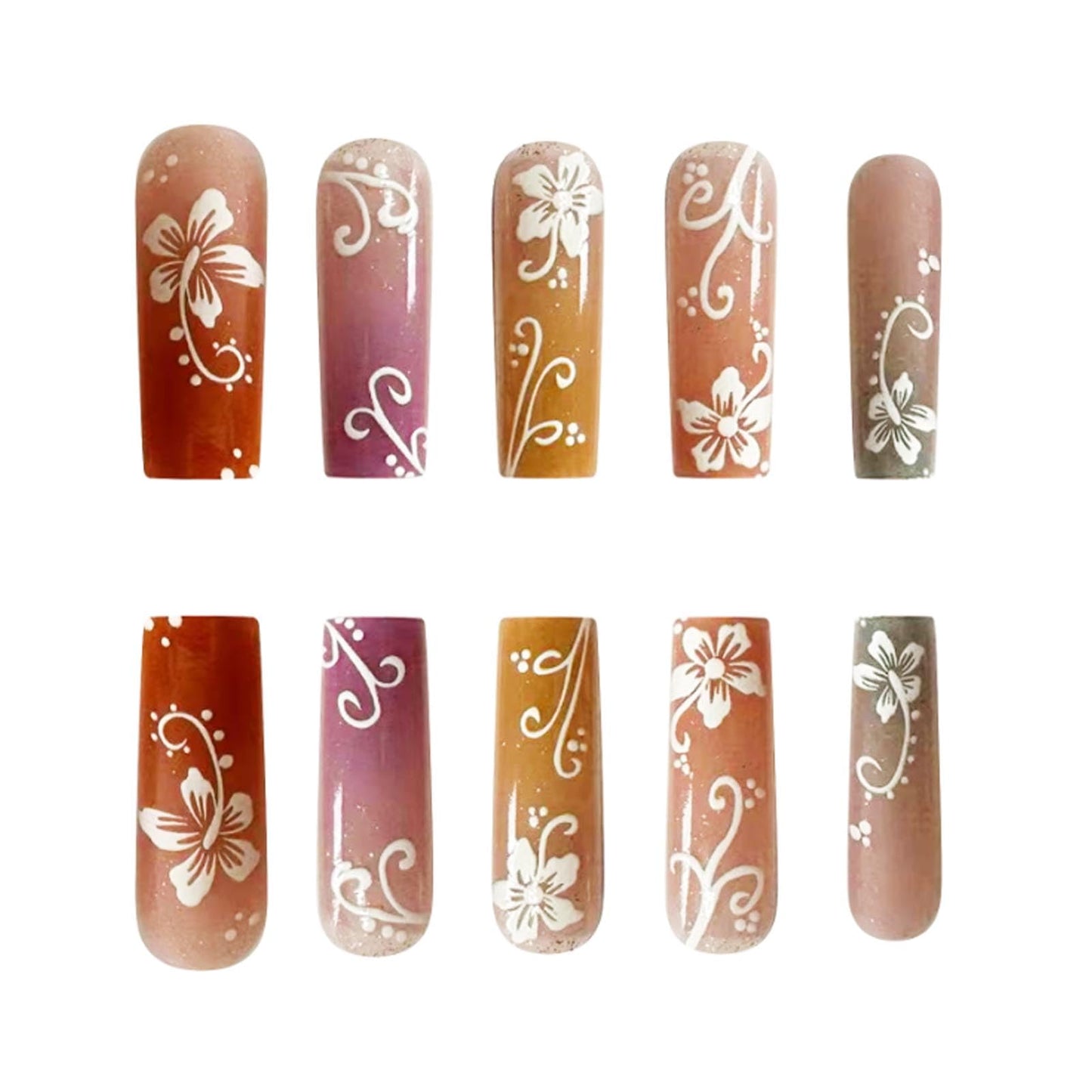 Hkanlre Pink Press on Nails Long Fake Summer Nails Ballerina Tips Full Cover False Colorful Gradient Nails for Women and Girls 24PCS