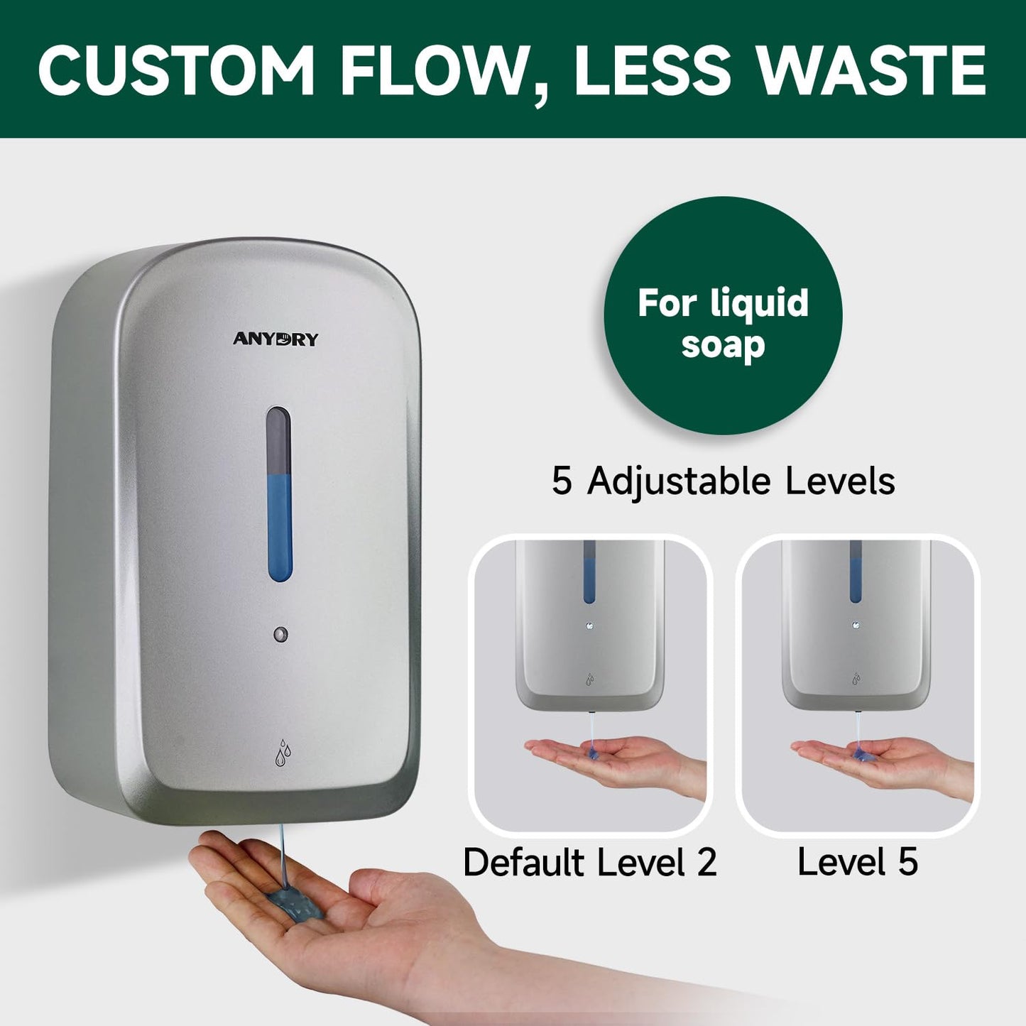 anydry Commercial Automatic Soap Dispenser Large 34oz/1000ml Capacity Wall-Mounted Touchless Liquid Dispenser for High-Traffic Restrooms, Offices, Hospitals Model AD1220S Silver