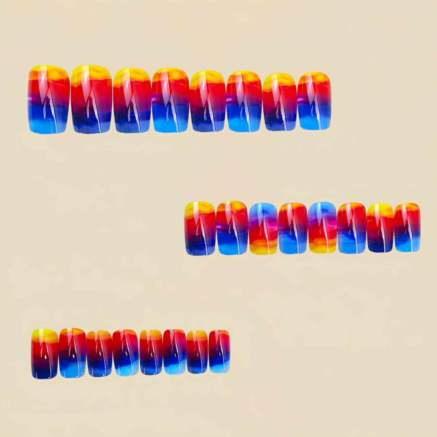 Short Press On Nails Square Fake Nails with Sunset Blending Designs - Full Cover Blue Gradient Glue On Nails - Glossy Acrylic Press Ons Fake Nails Spring Summer Stick on Nails for Women - 24 Pcs
