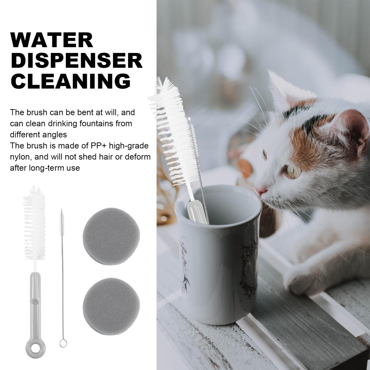 ERINGOGO 1Set Pet Feeder Water Fountain Cleaning Set Tools with Long Handle Brushes for Efficient Daily Care for Dog Cat Owners Gray