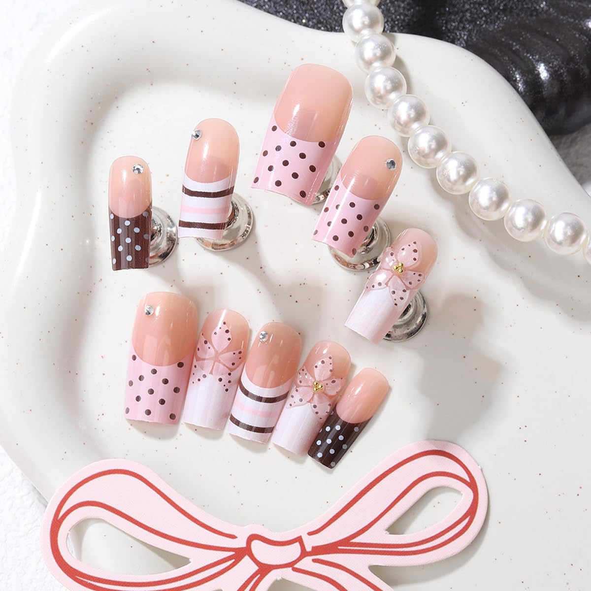 Polka Dot Press on Nails Long Square Fake Nails French Tip Nails Press ons with Flower Design Pink Brown Summer Glue on Nails Full Cover Glossy Stick on Nail for Women Manicure 24Pcs