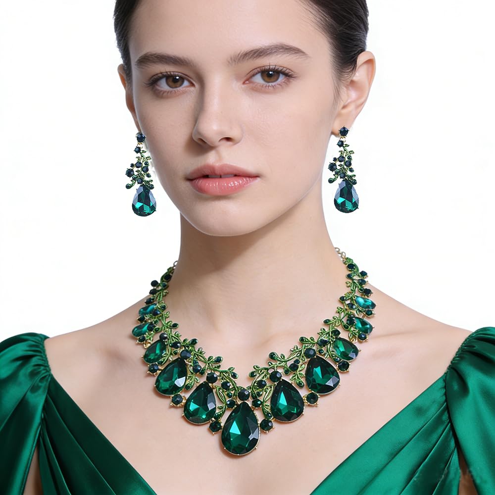 Qlavoca Vintage Crystal Teardrop Necklace Earrings Set - Gothic Statement Jewelry for Wedding Bridal Prom Party (Green-Gold Tone)