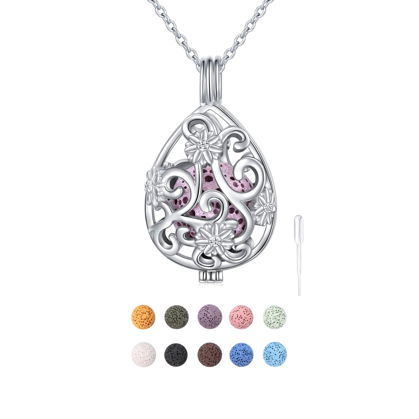 DAOCHONG S925 Sterling Silver Aromatherapy Essential Oil Diffuser Necklace Teardrop Flower Locket Perfume Pendant Necklace Jewelry 18+2 inches Adjustable Chain with 10 PCS Stones