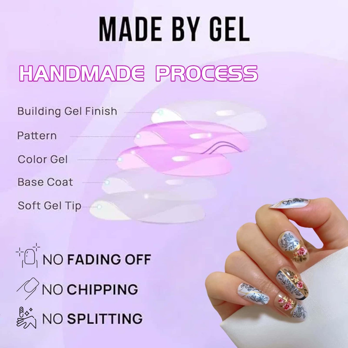 Flower Press on Nails Short Almond Fake Nails Blue Floral with Peony Design Full Cover Glossy Acrylic Artificial Fingernails Press Ons Blossom Stick on Nail 24Pcs