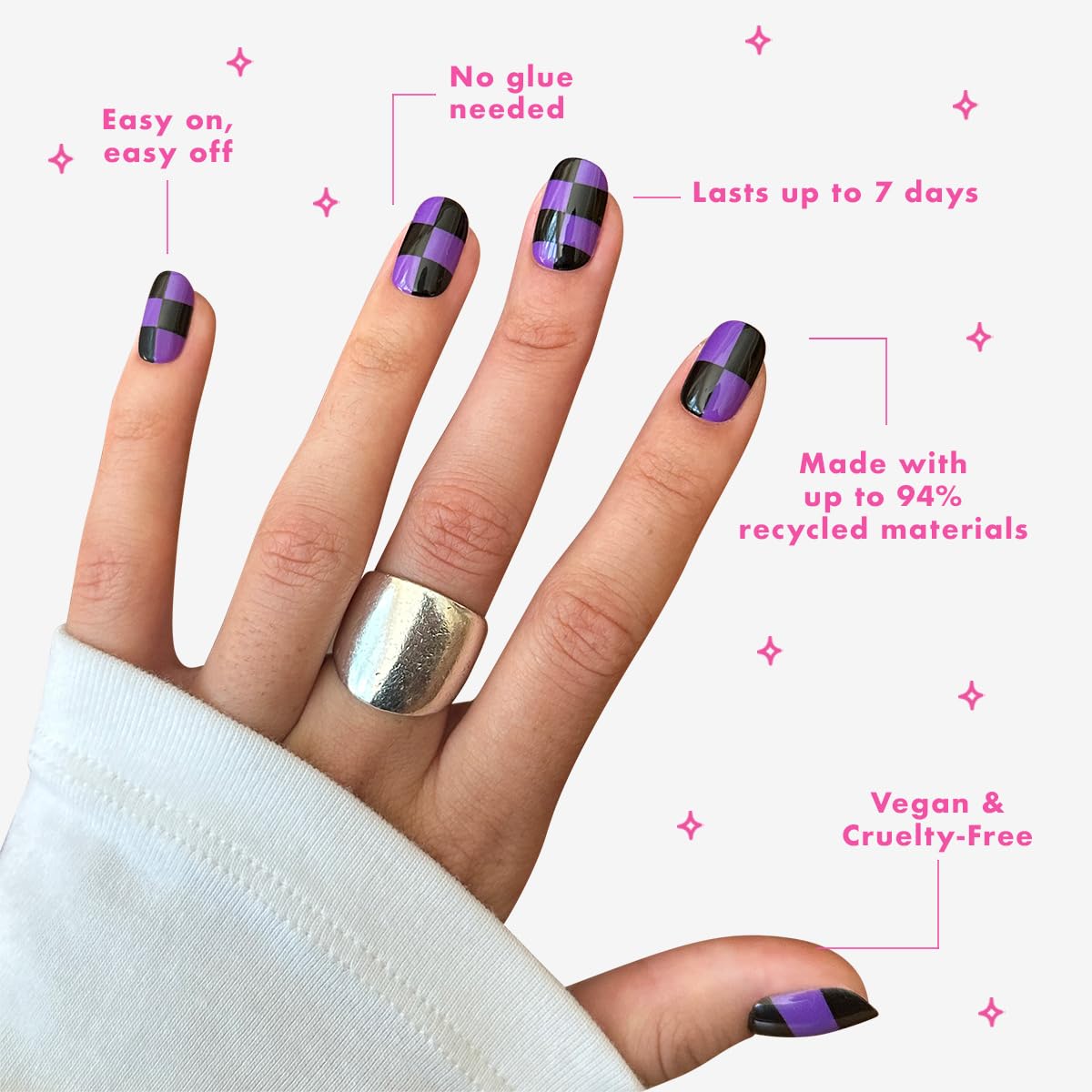 Olive & June Super Stick Mani Press-On Nails | Short Squoval |No Glue Needed | 32 Tab Nails, 16 Sizes, Last Up To 7 Days| Non-Toxic, Easy On-Off Non-Damaging | Halloween Purple Checker Party