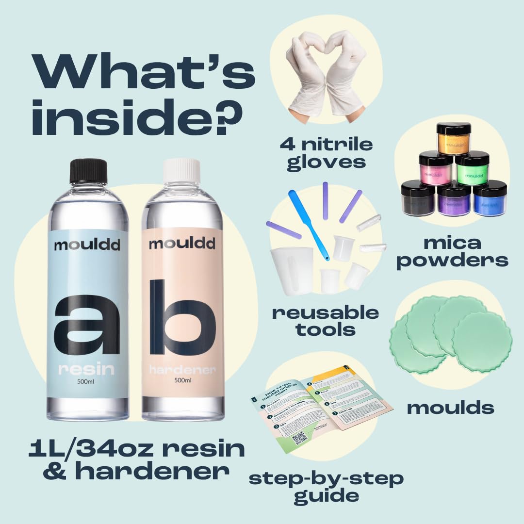 Mouldd Resin at Home Coaster Kit for Adults. for Beginners, Makes 10 Drinks Coasters. Craft Kit for Adults. Includes Resin, Tools, Colours, Gloves and How-to-Guide (Clear - Jagged)