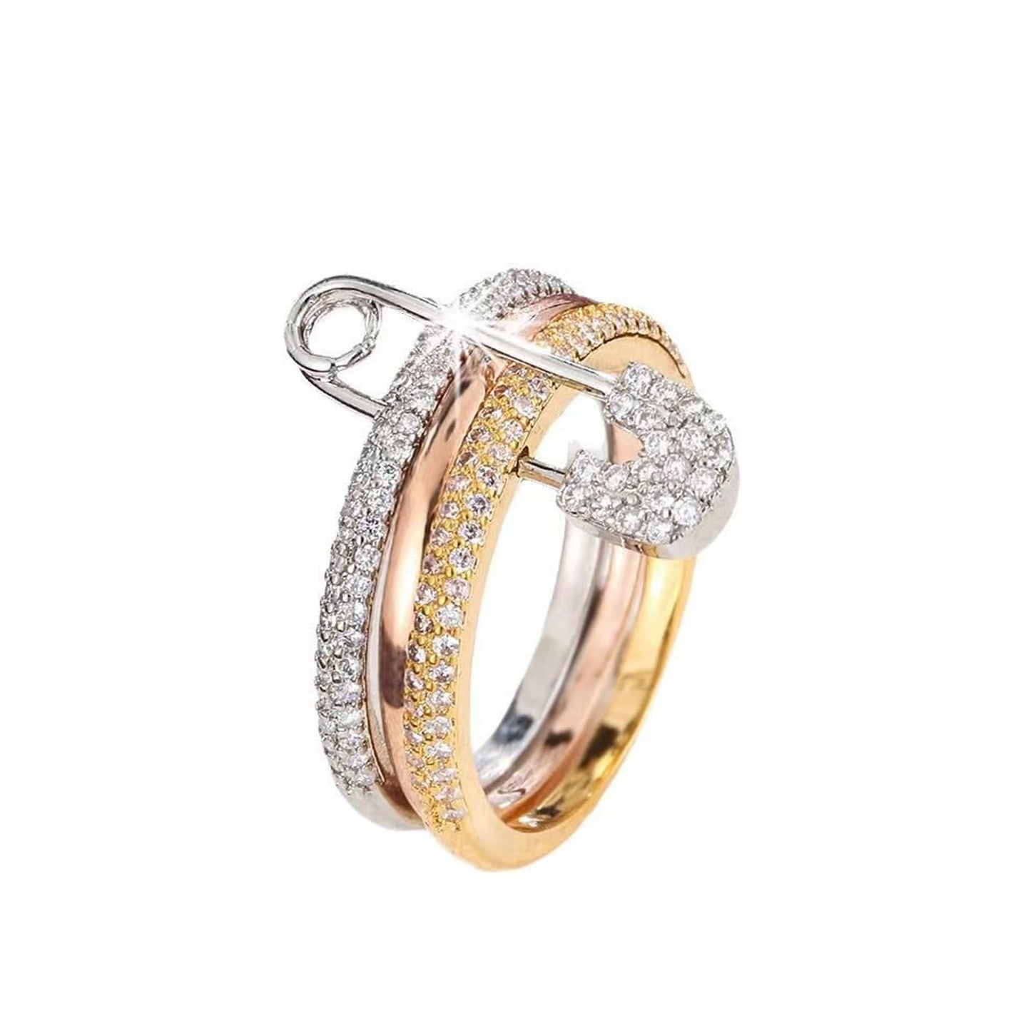 JONAYUOV Stackable Rings for Women, 3PCS Safety Pin Silver& Gold Cz Cubic Zirconia Rings Thumb Ring, Size 5-10 (Rose Gold, 6)