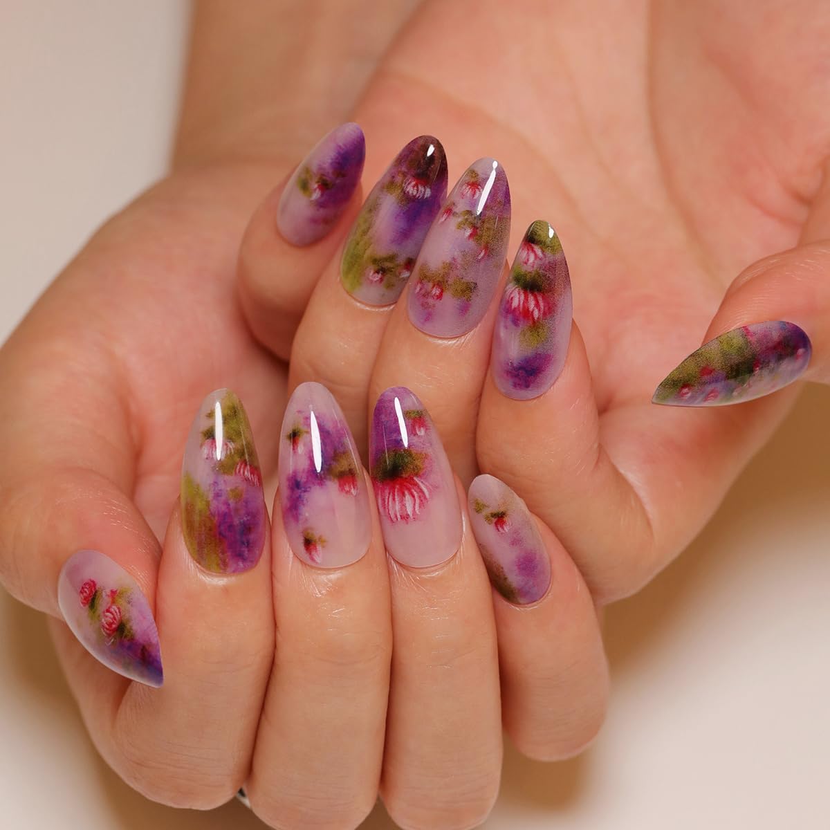 PODUOJIEYI 24Pcs Almond Press-On False Nails with Pink Lotus Flower Design, Glossy Purple Gradient Acrylic Artificial Nails for Women Manicure Salon